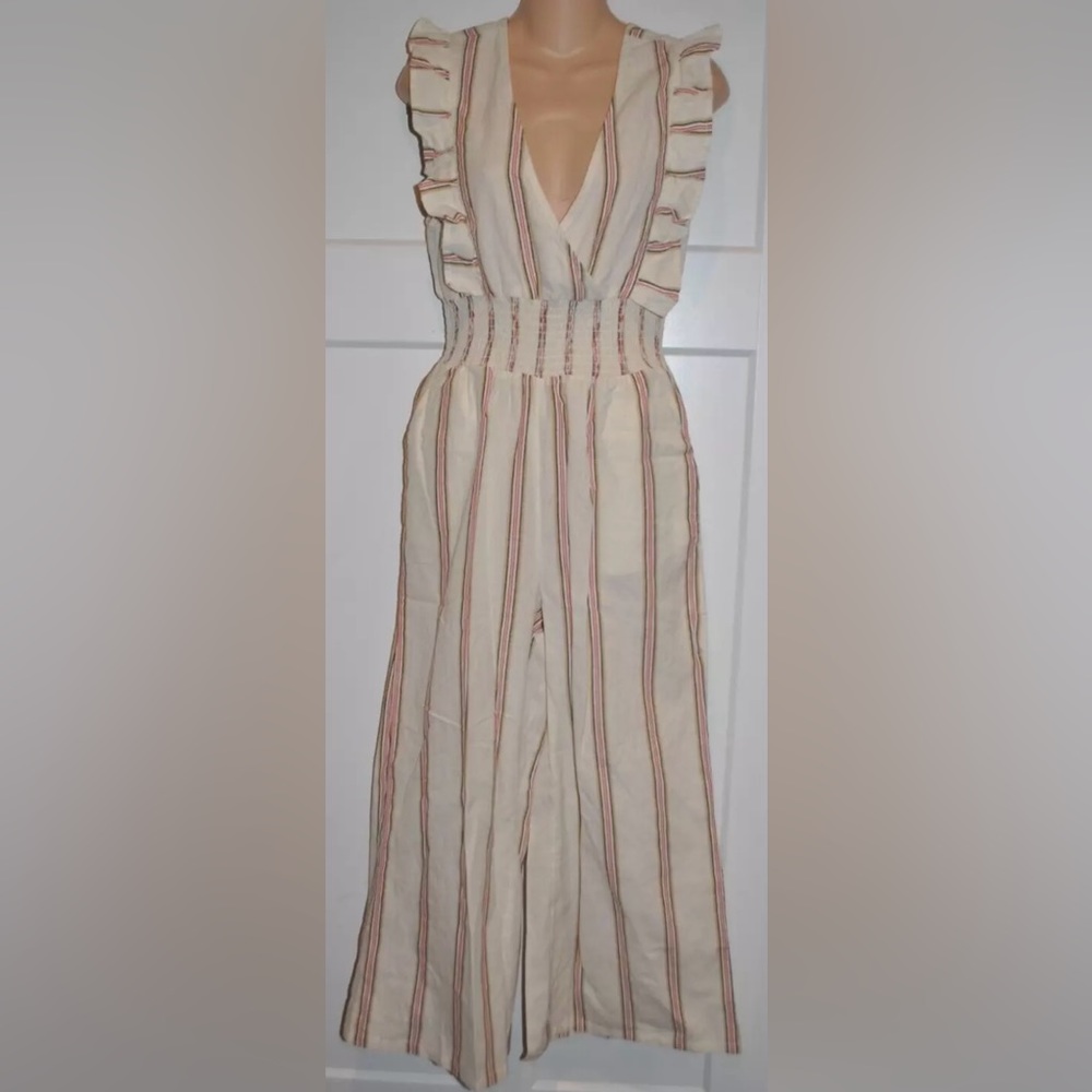 BILLABONG Coming Home Ruffle Smocked Linen Blend Jumpsuit size M - Picture 3 of 5